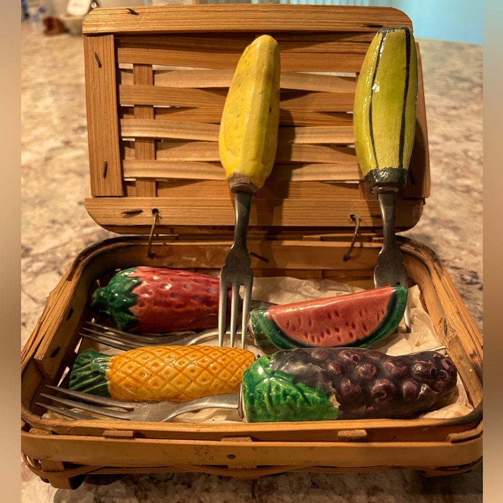 Vintage Ceramic Fruit-Themed Fork Set in Wooden Basket